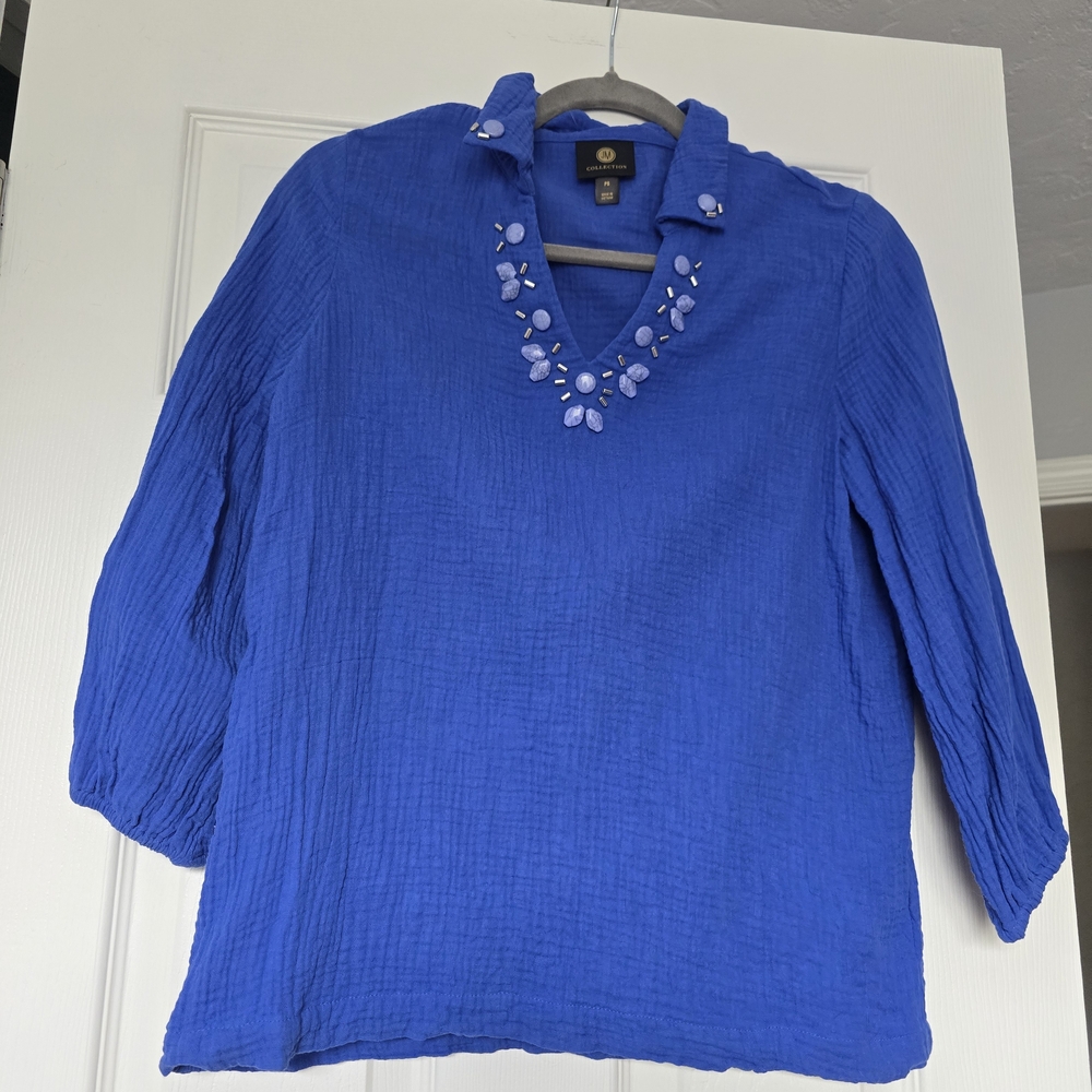JM Collection Blue Boxy Embellished Blouse with Mandarin Collar